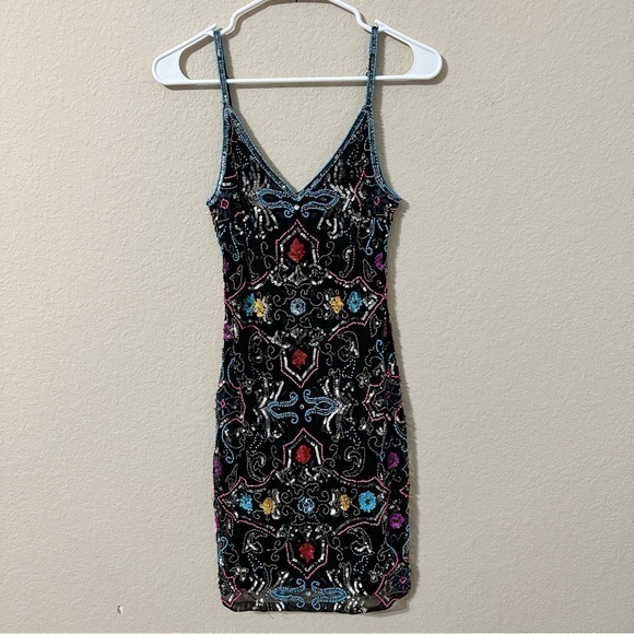 Miss Selfridge Dress Black Multicolored Beaded Sequins Sleeveless Mini Bodycon - Picture 1 of 7